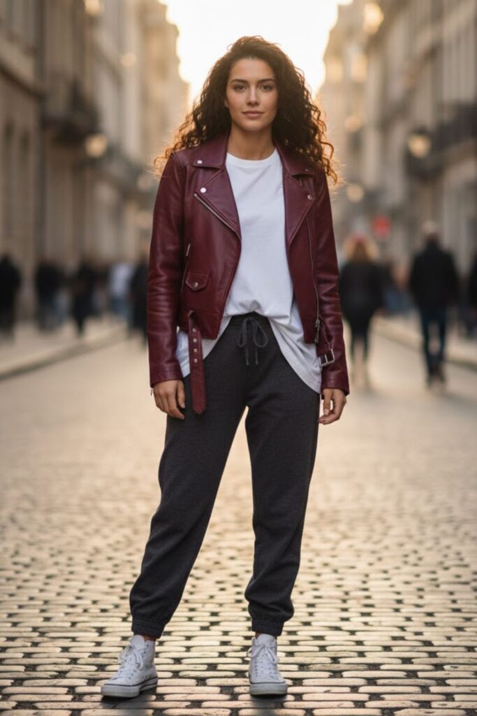 12. Burgundy Leather Jacket Outfit with Oversized Tee and Joggers