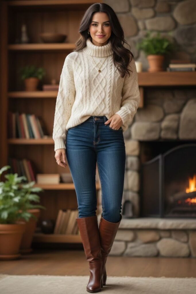 12. Cable Knit Sweater With Dark Denim