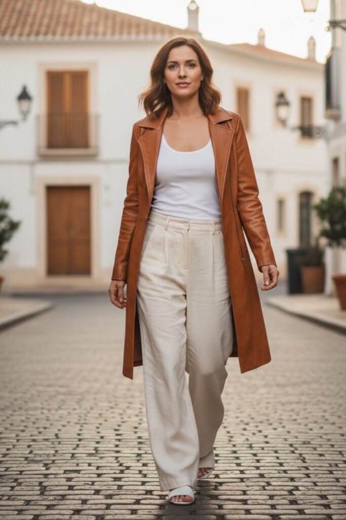 12. Camel Leather Jacket Outfit with Linen Pants
