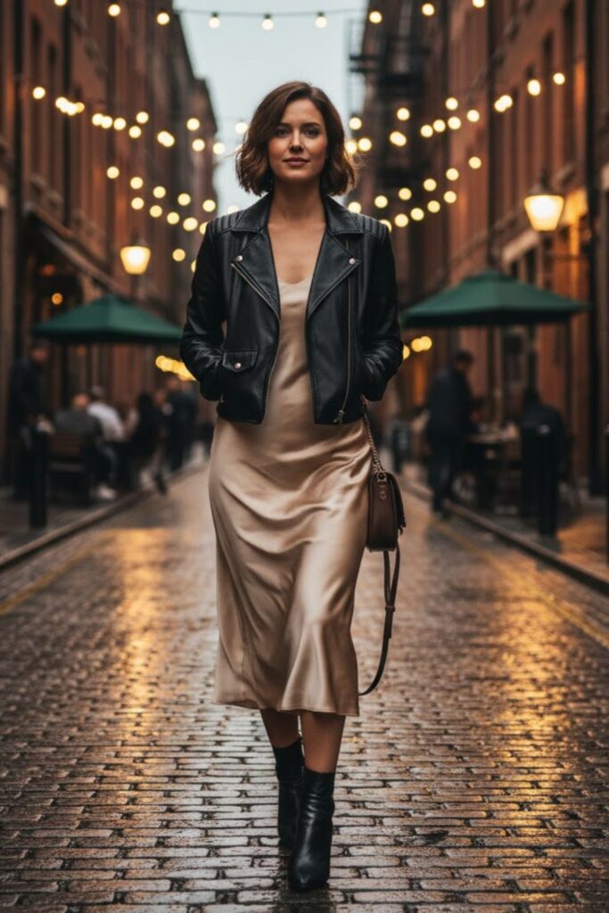 12. Cropped Leather Jacket with a Slip Dress