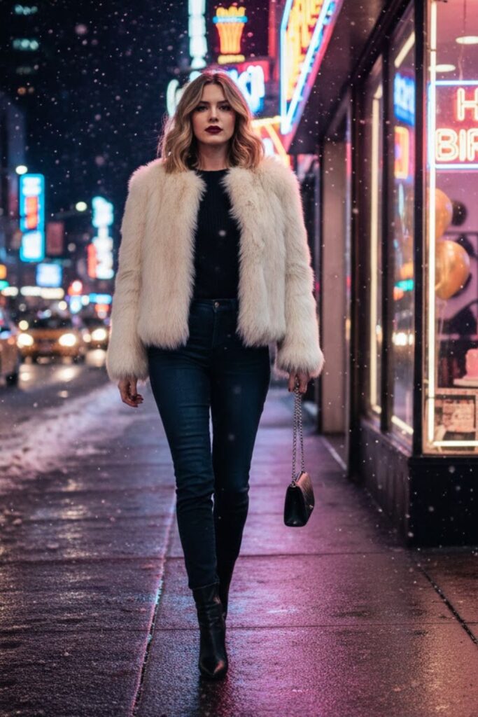12. Faux Fur Jacket With Simple Base Outfit
