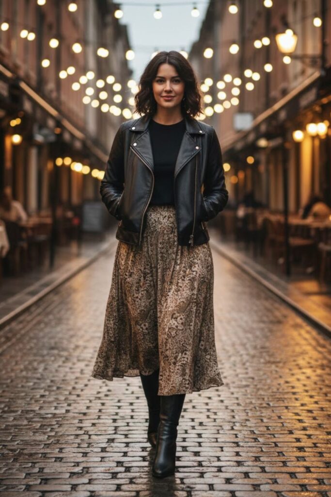 12. Faux Leather Jacket with Midi Skirt and Fitted Top