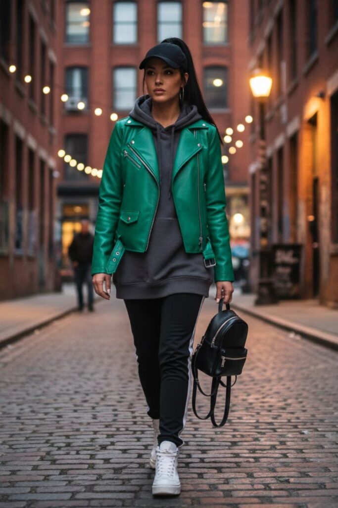12. Green Leather Jacket with Oversized Hoodie and Track Pants