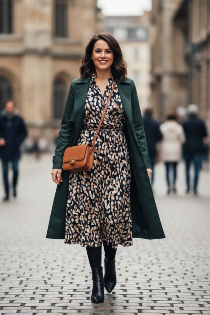 12. Green Trench Coat With Printed Dress