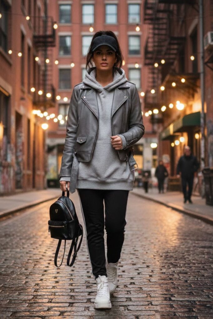 12. Grey Leather Jacket with Oversized Hoodie and Track Pants
