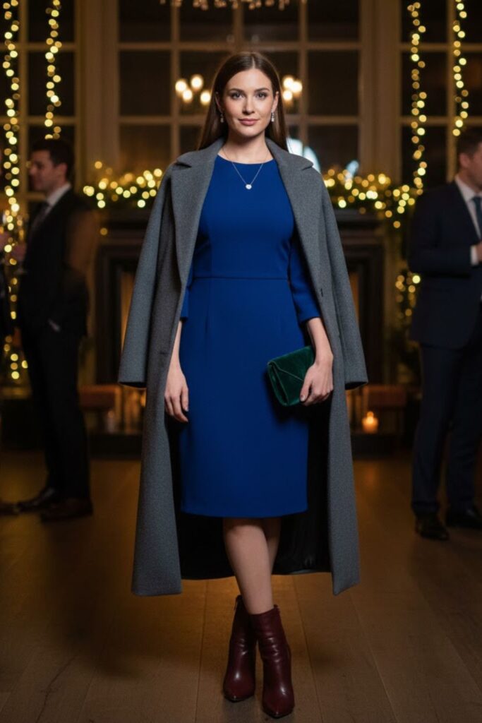 12. Jewel-Tone Dress With Long Coat
