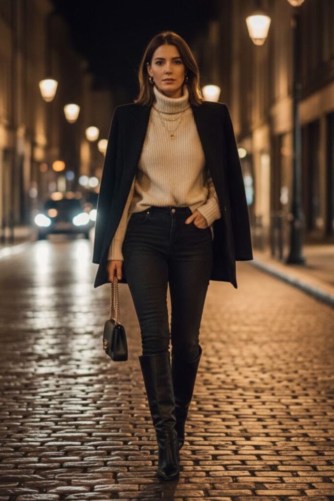 12. Knit Top With Dark Jeans and Statement Boots