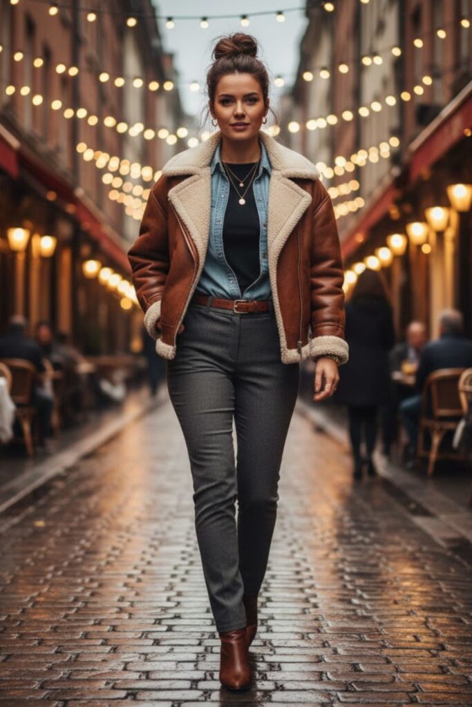 12. Leather Jacket with Denim Shirt and Trousers