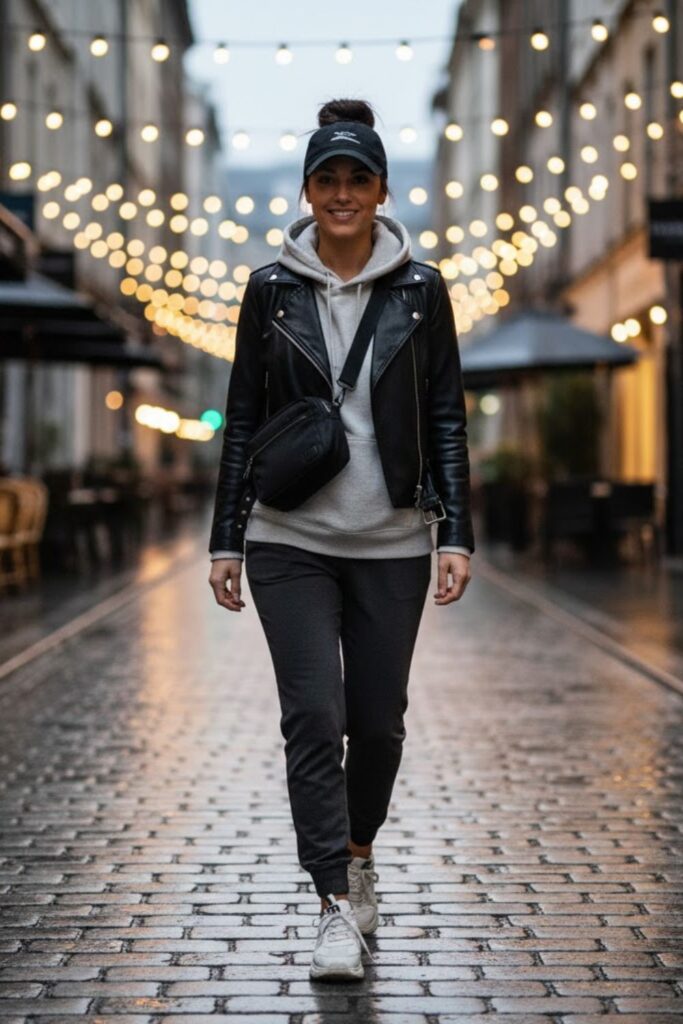 12. Leather Jacket with Jogger Pants and Hoodie