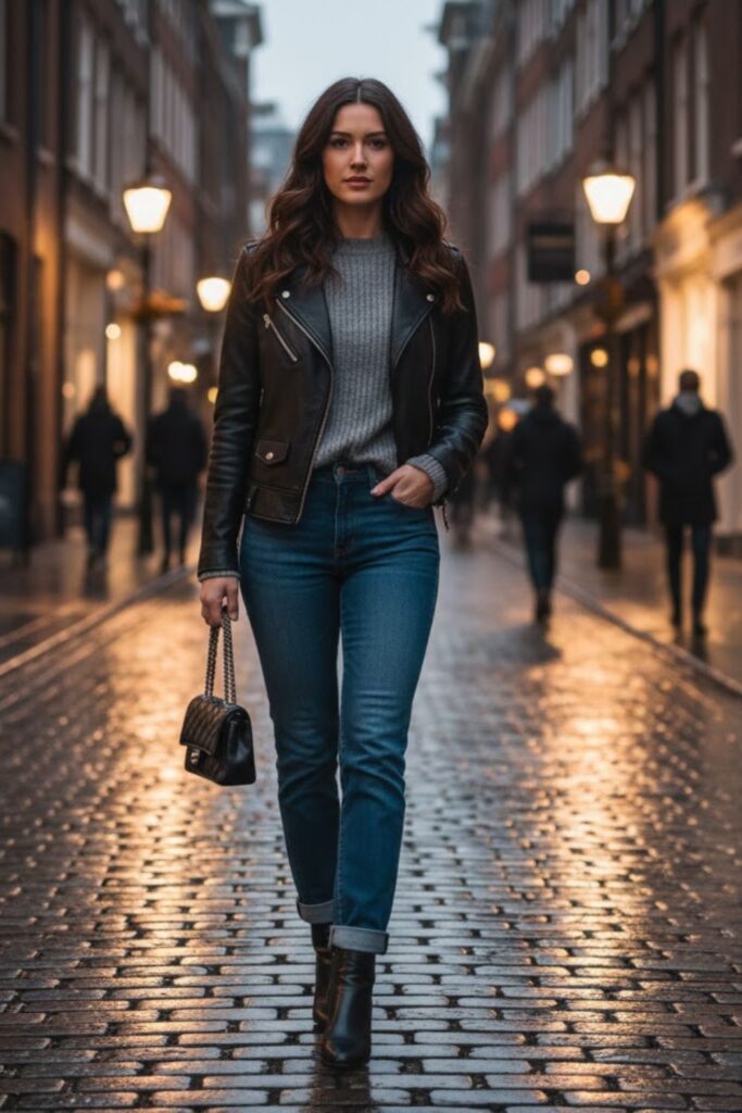 12. Leather Jacket with Straight-Leg Jeans