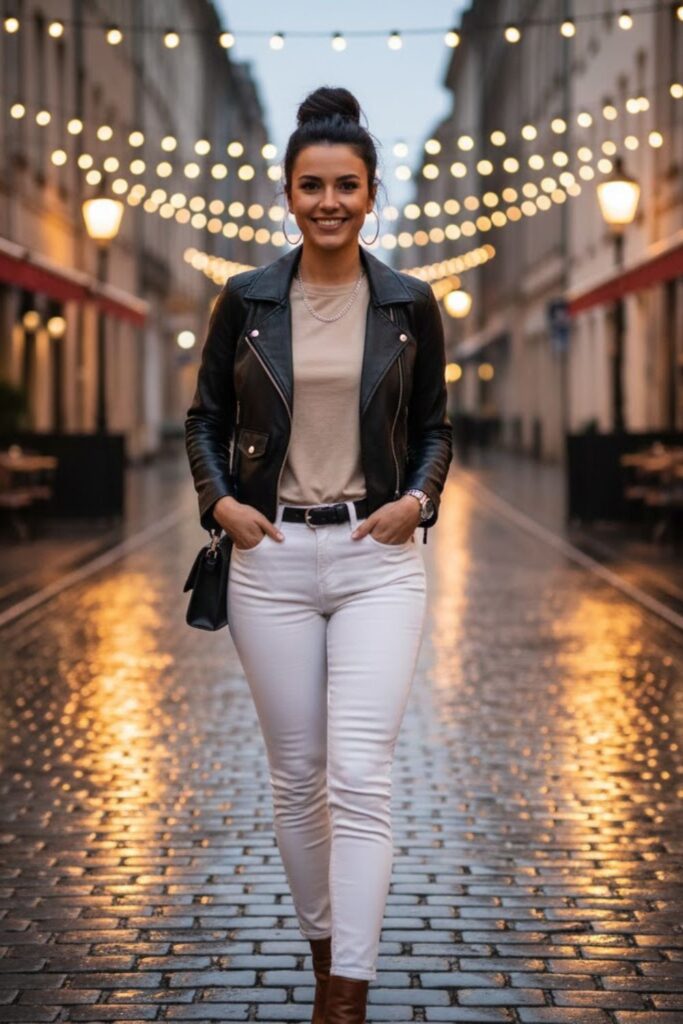 12. Leather Jacket with White Jeans and Basic Tee