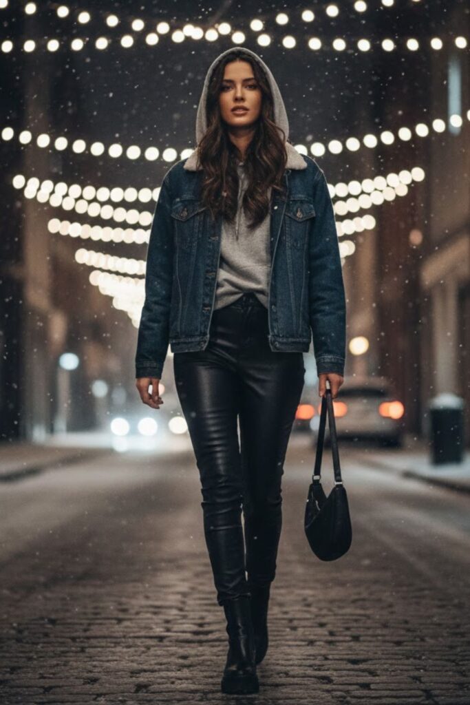 12. Leather Pants Outfit Going Out Winter with Denim Jacket Layering