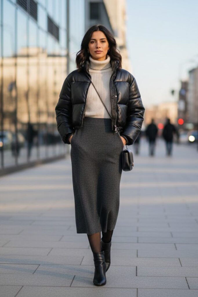12. Leather Puffer Jacket Outfit with Knit Midi Skirt