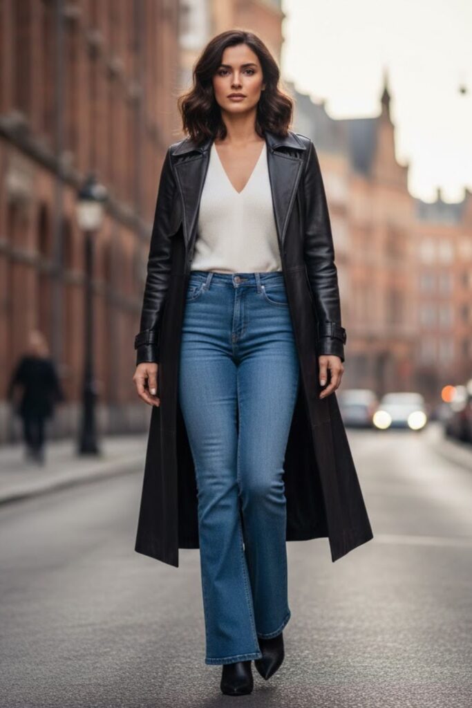 12. Long Leather Jacket with Flared Jeans
