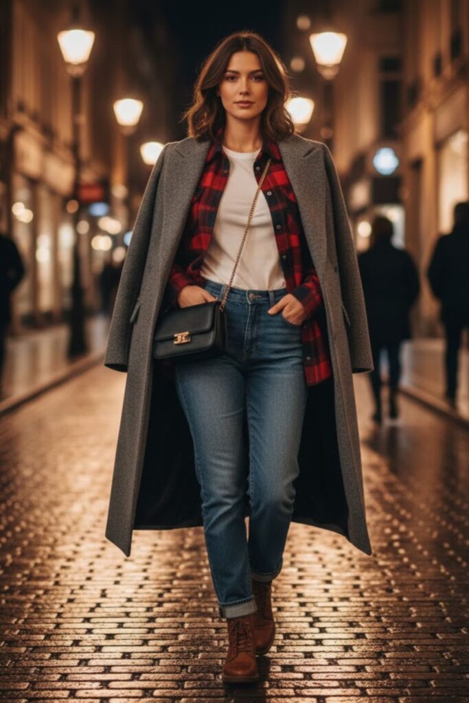 12. Long coat outfit casual with flannel shirt and jeans