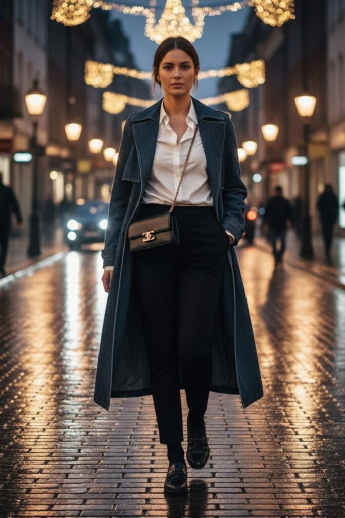 12. Long denim coat outfit with button-down shirt and slim trousers