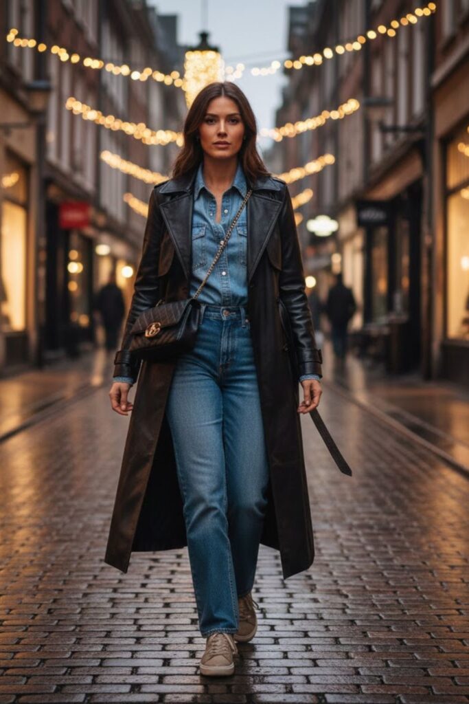 12. Long leather coat outfit with denim-on-denim layers