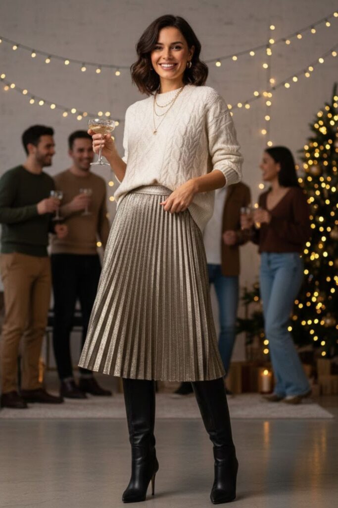 12. Metallic Skirt With Knit Top