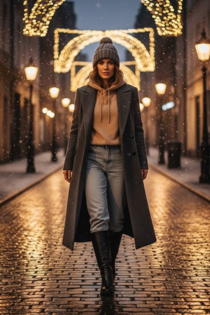 12. Mom Jeans with Knit Hoodie and Long Coat