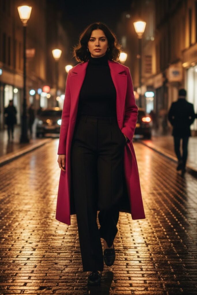 12. Pink long coat outfit with turtleneck and wide-leg trousers