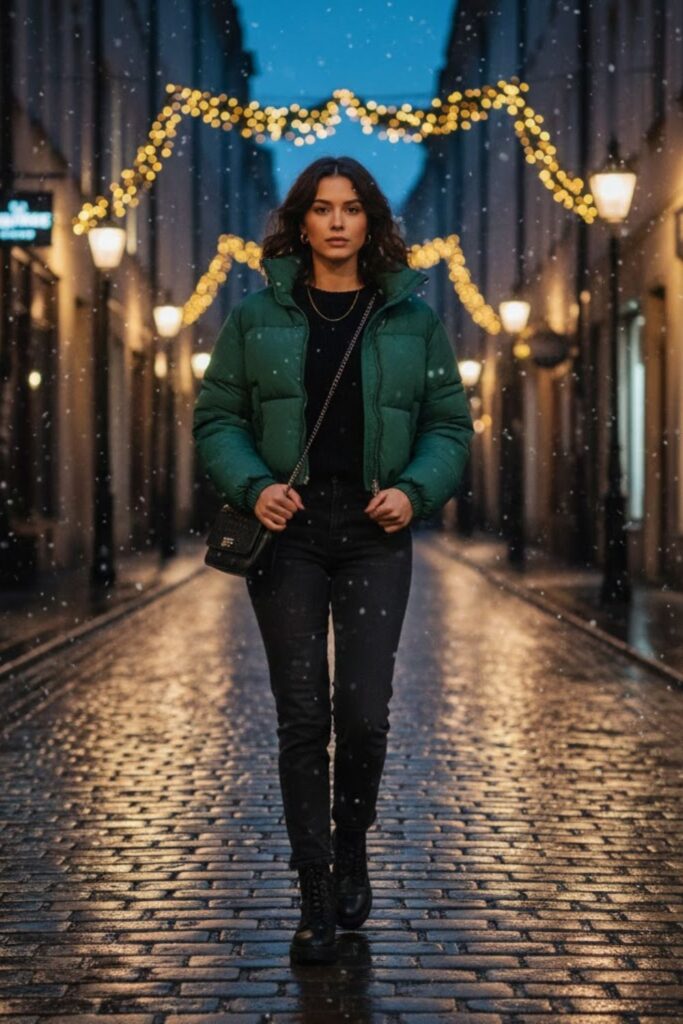 12. Puffer Jacket with Slim Jeans and Boots