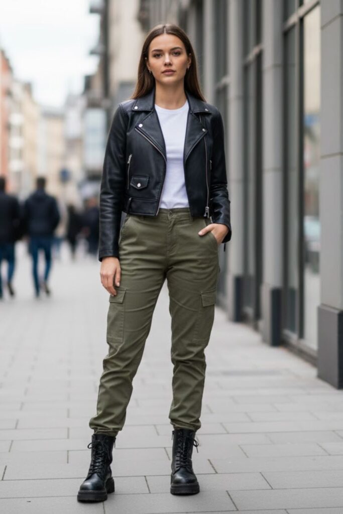 12. Short Leather Jacket with Cargo Pants
