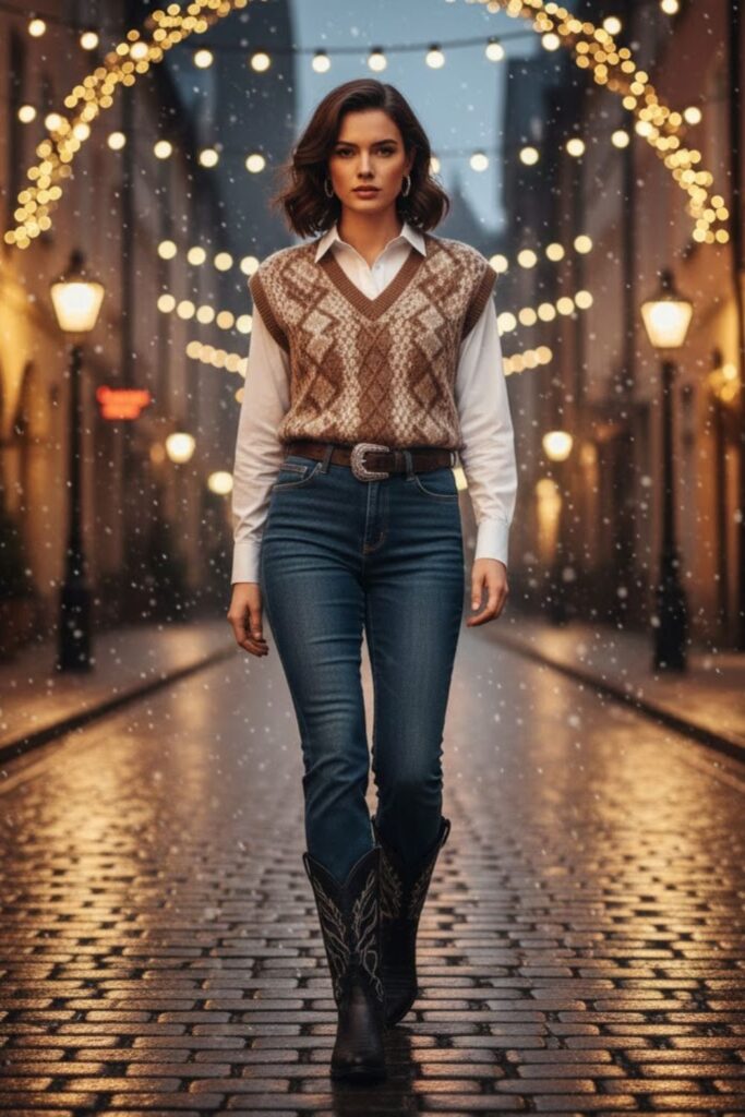 12. Sweater Vest, Button-Down Shirt, and Flared Jeans