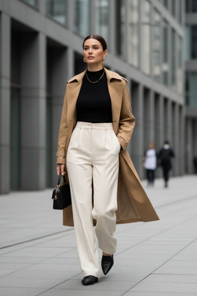 12. Tan Trench Coat with Wide-Leg Trousers