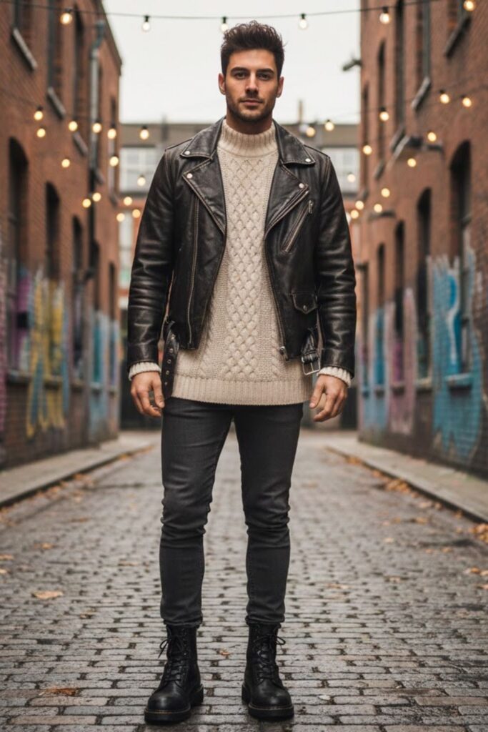 12. Vintage Leather Jacket with Oversized Sweater and Slim Pants