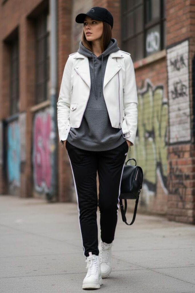 12. White Leather Jacket with Oversized Hoodie and Track Pants