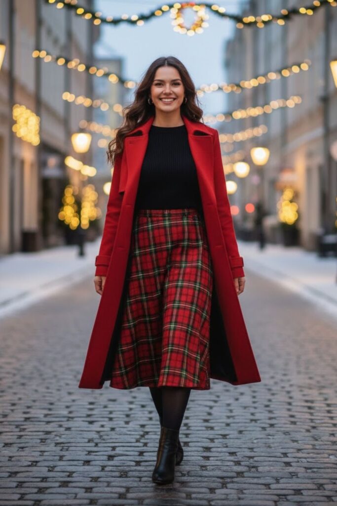 12. Winter Trench Coat with a Plaid Skirt