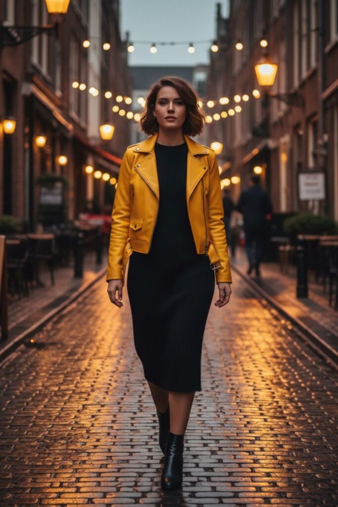 12. Yellow Leather Jacket with Black Dress and Ankle Boots