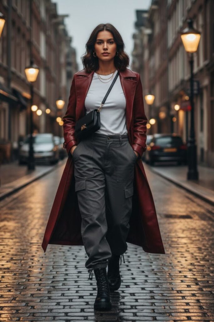 12. Zara Leather Jacket with Cargo Pants and a Basic Tee