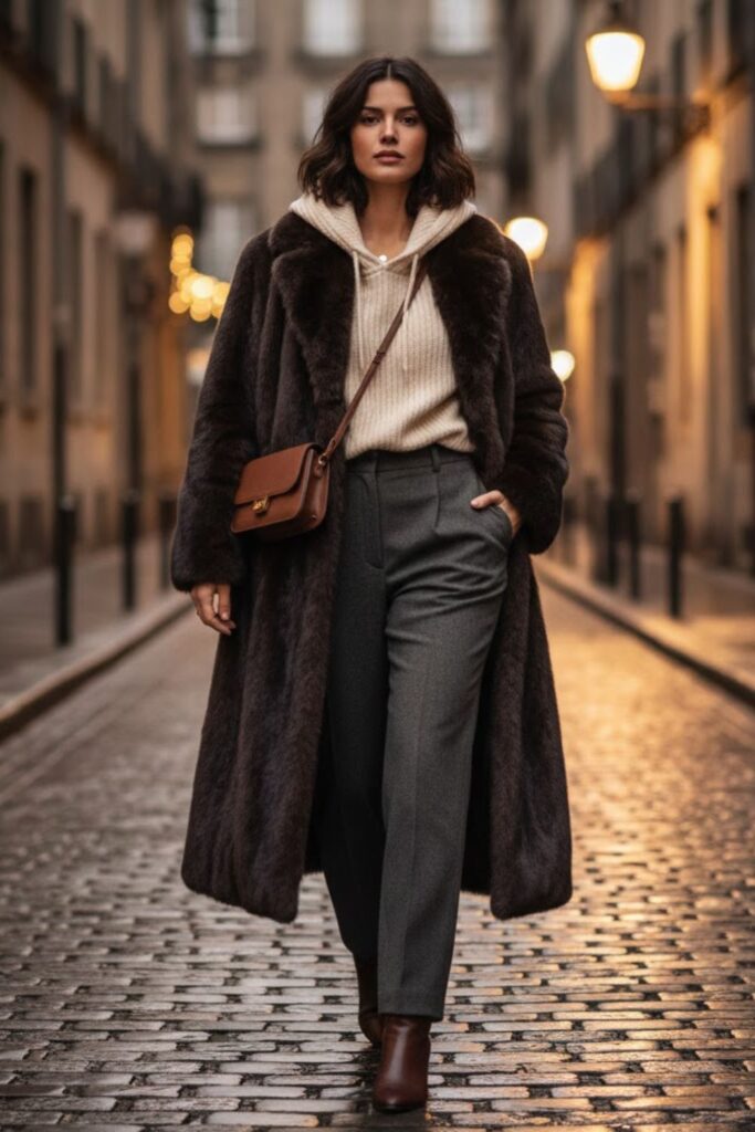 12. long fur coat outfit with knit hoodie and straight pants