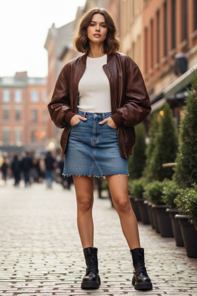 13. 90s Leather Jacket Outfit with Denim Skirt