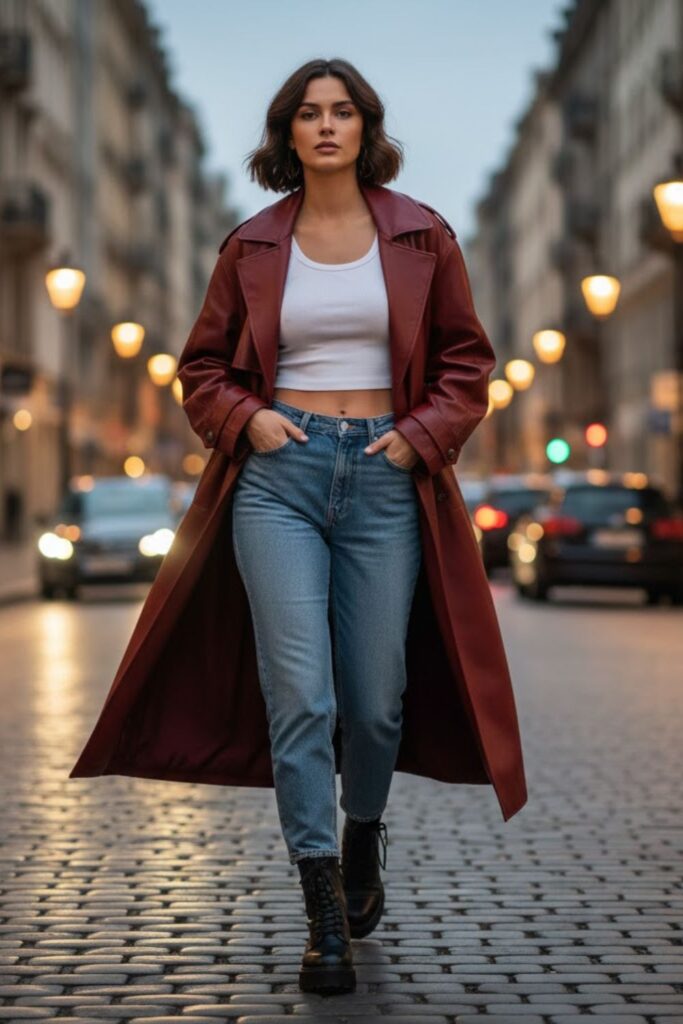 13. Baggy Leather Jacket with Cropped Top and High-Waist Jeans