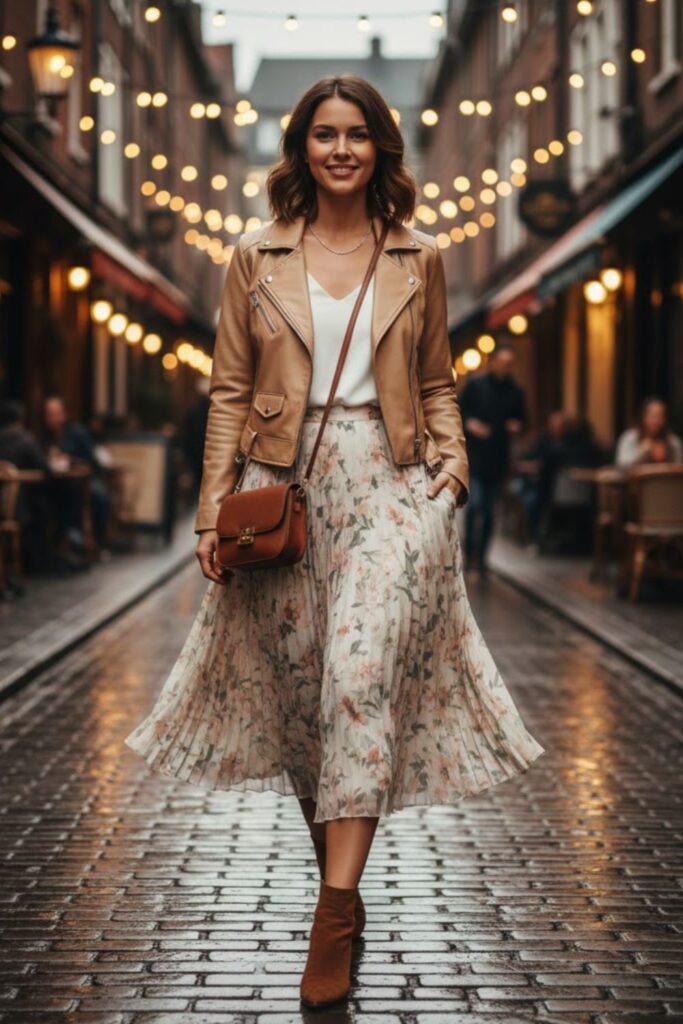 13. Beige Leather Jacket with a Pleated Skirt