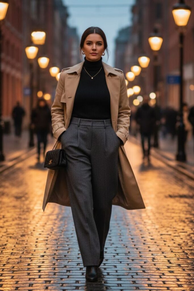 13. Beige Trench Coat With High-Waisted Pants and Ribbed Top