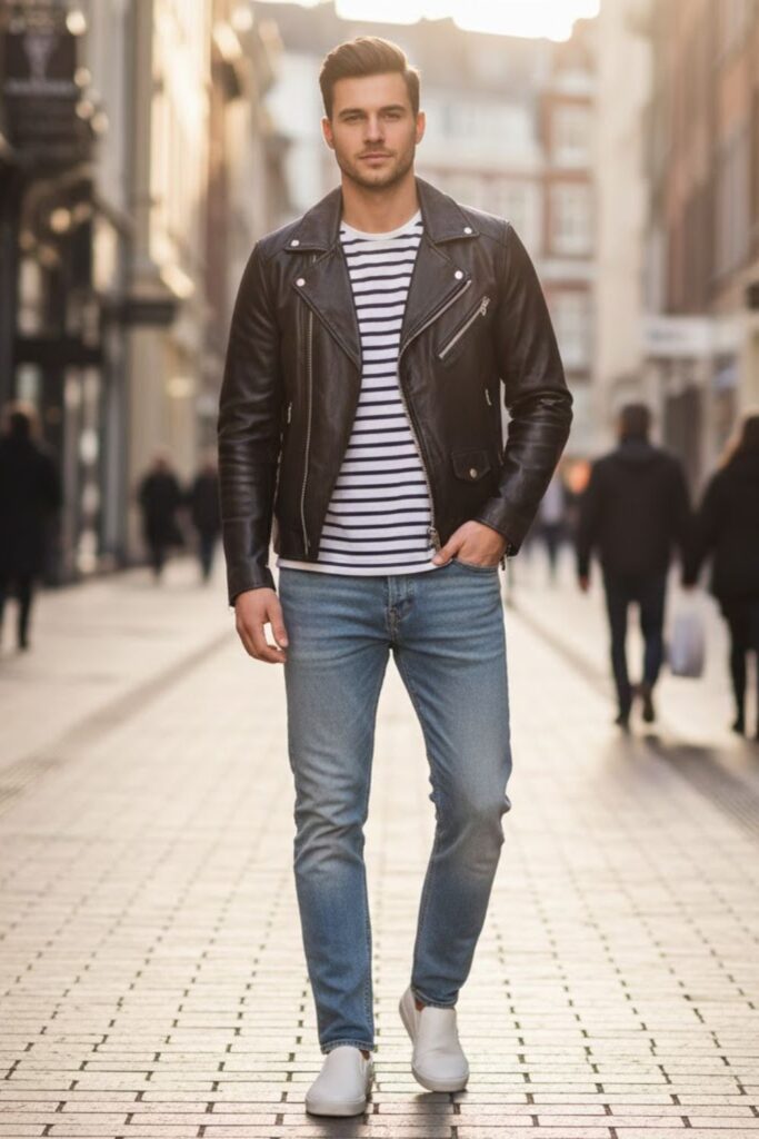 13. Black Leather Jacket Outfit Men with Striped Tee
