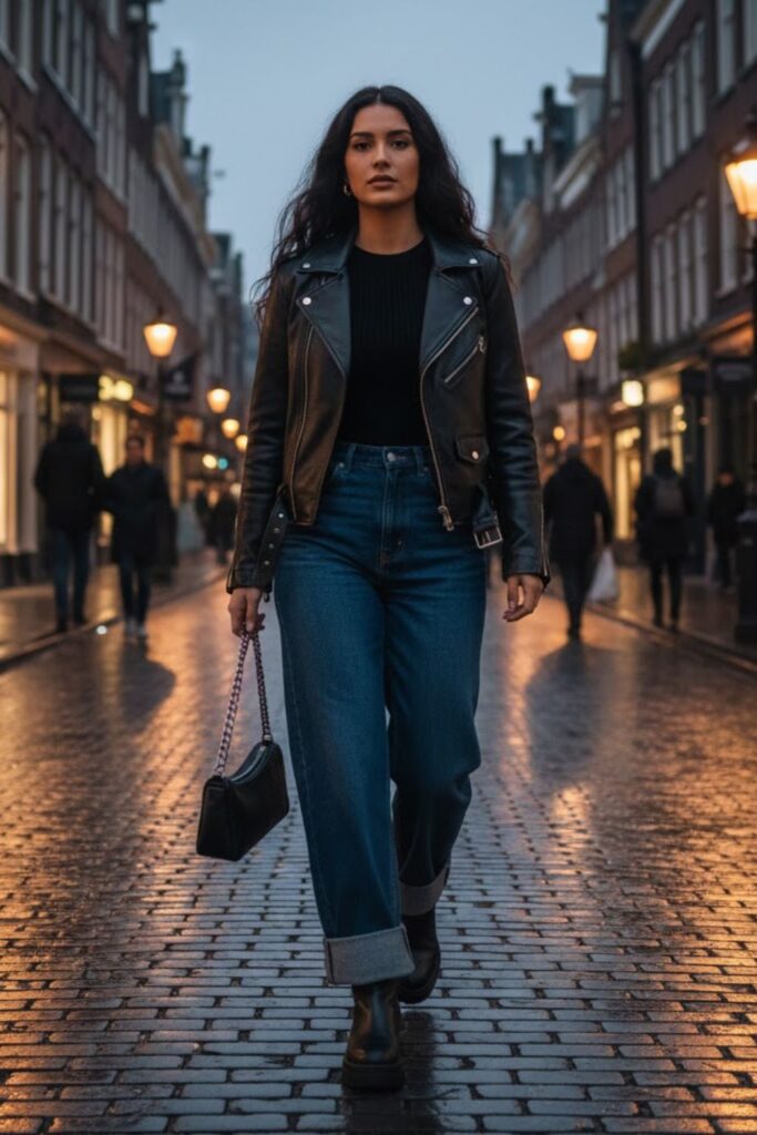 13. Black Leather Jacket with Wide-Leg Jeans