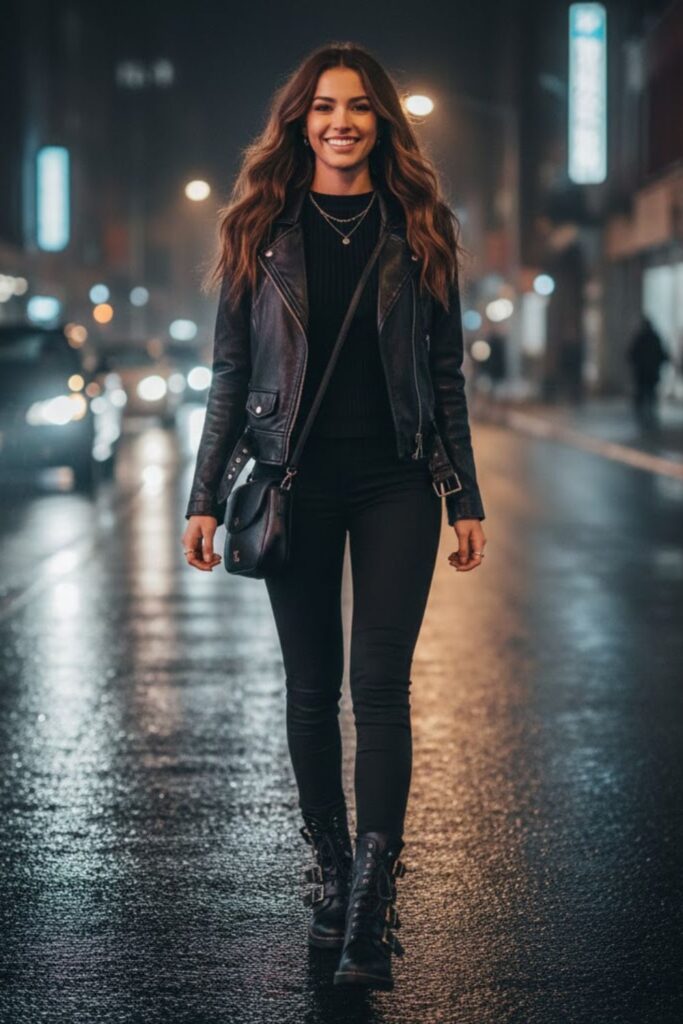13. Black Leggings with Moto Boots and Leather Jacket