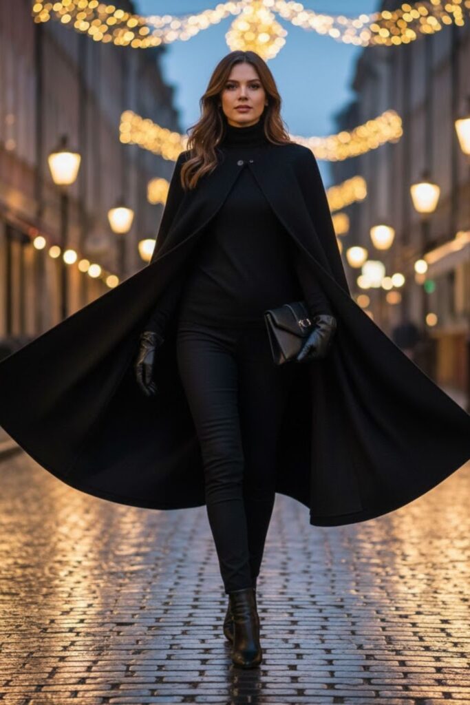 13. Black Wool Cape with Black Skinny Pants