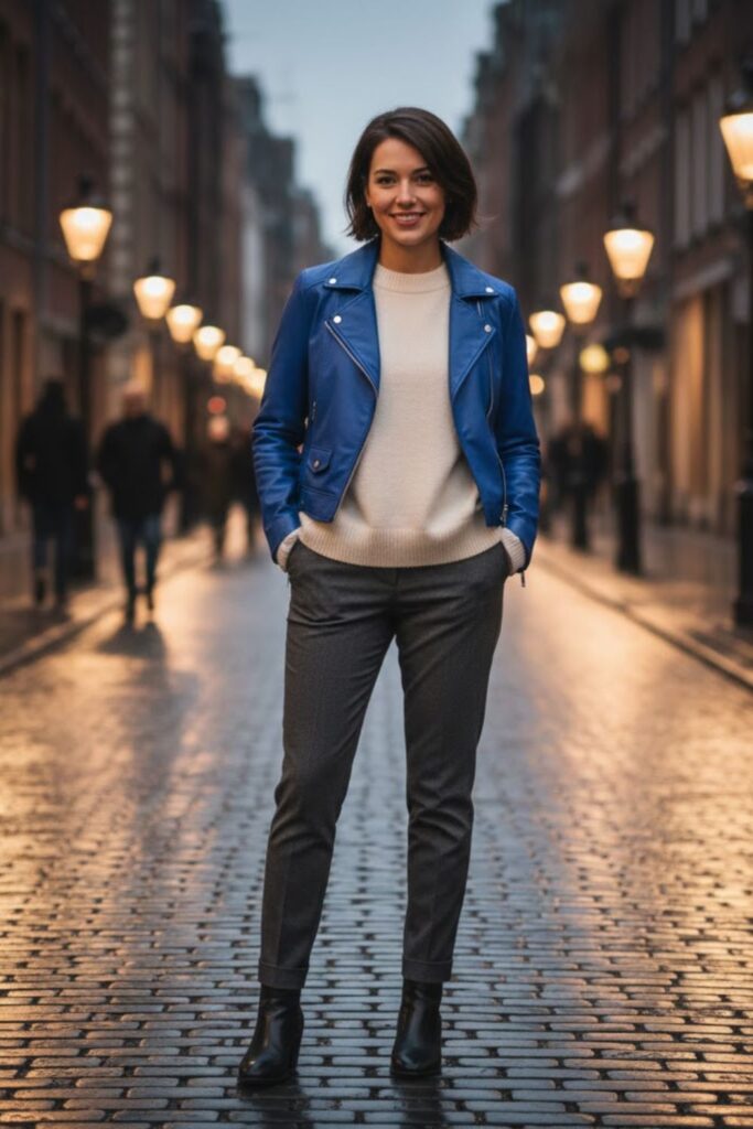 13. Blue Leather Jacket Outfit with Oversized Sweater and Slim Pants