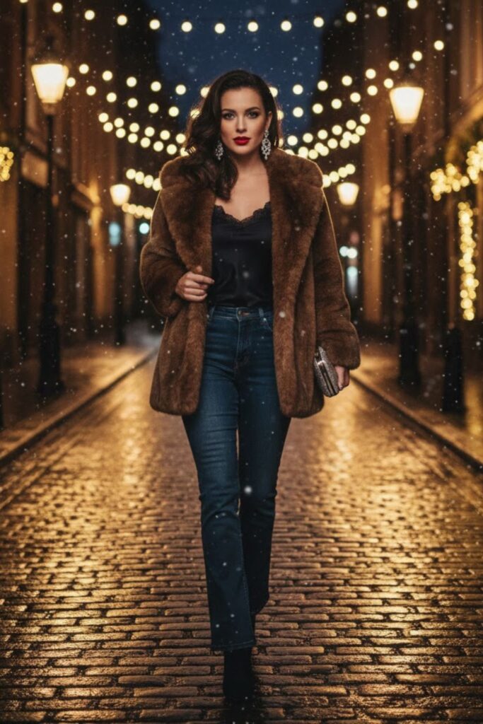 13. Bootcut Jeans with Silk Camisole and Faux-Fur Coat