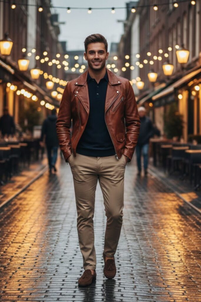 13. Brown Leather Jacket with a Knit Polo Shirt