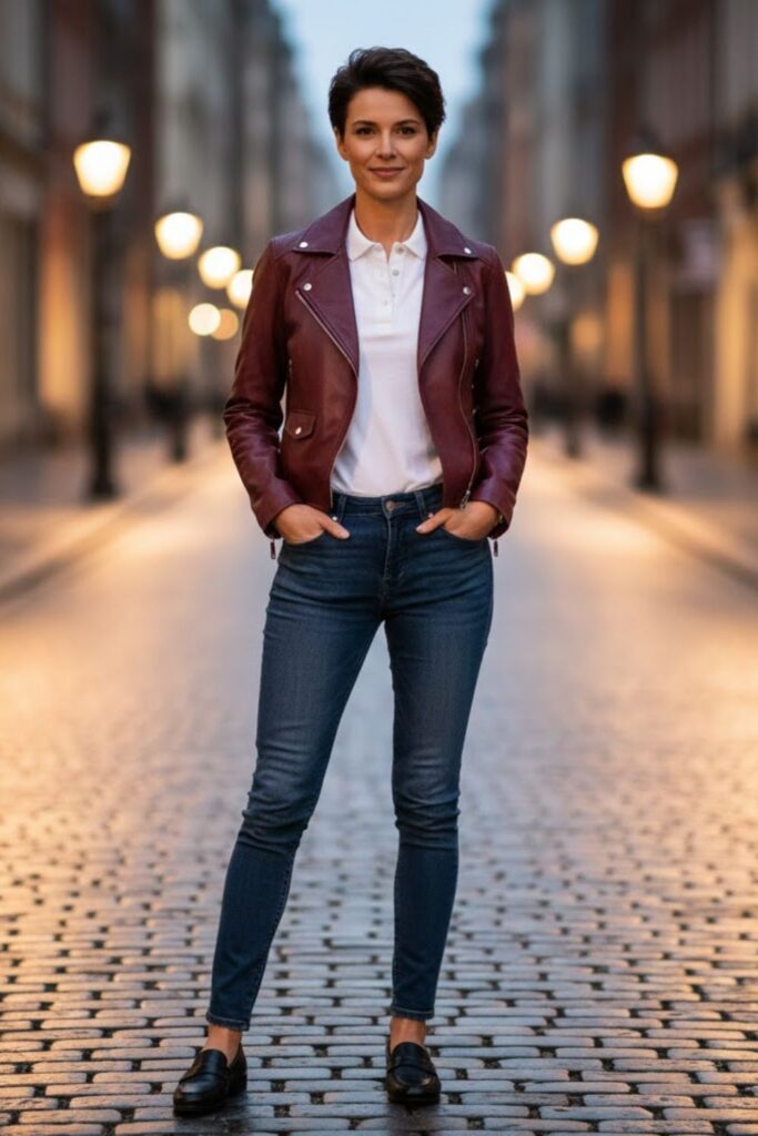 13. Burgundy Leather Jacket Outfit with Polo Shirt and Slim Jeans