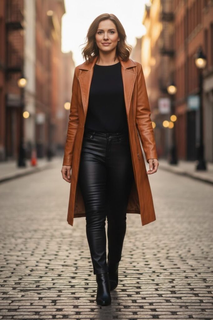 13. Camel Leather Jacket Outfit with Leather Leggings
