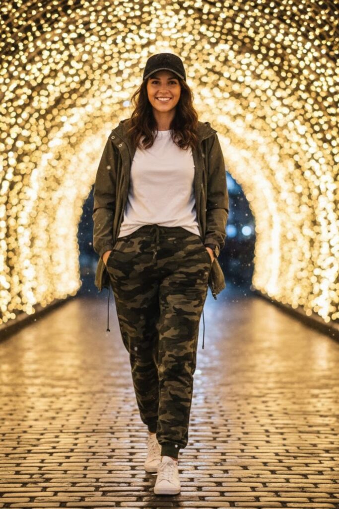 13. Camo Sweatpants with Light Jacket and Tee