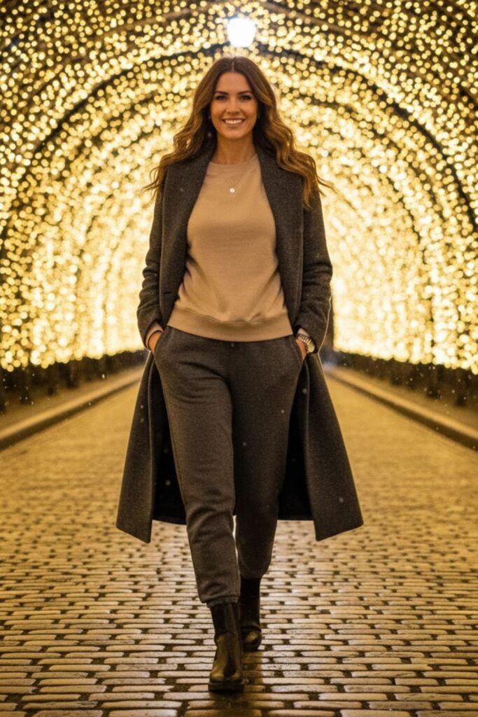 13. Charcoal Sweatpants with Crewneck and Long Coat
