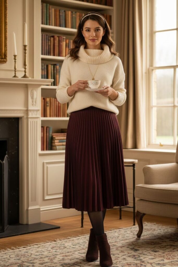 13. Cowl Neck Sweater With Midi Skirt